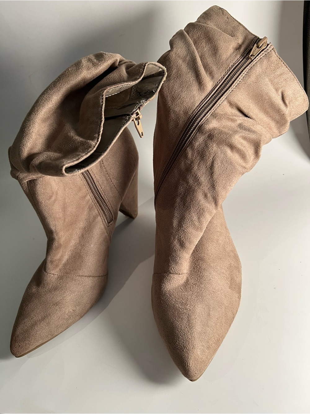 Slouchy Taupe Suede Mid-Heel Ankle Boots Size 11